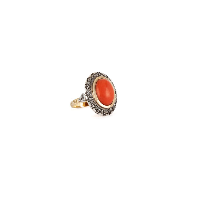 Set vintage din aur de 18k si argint, coral si diamante naturale