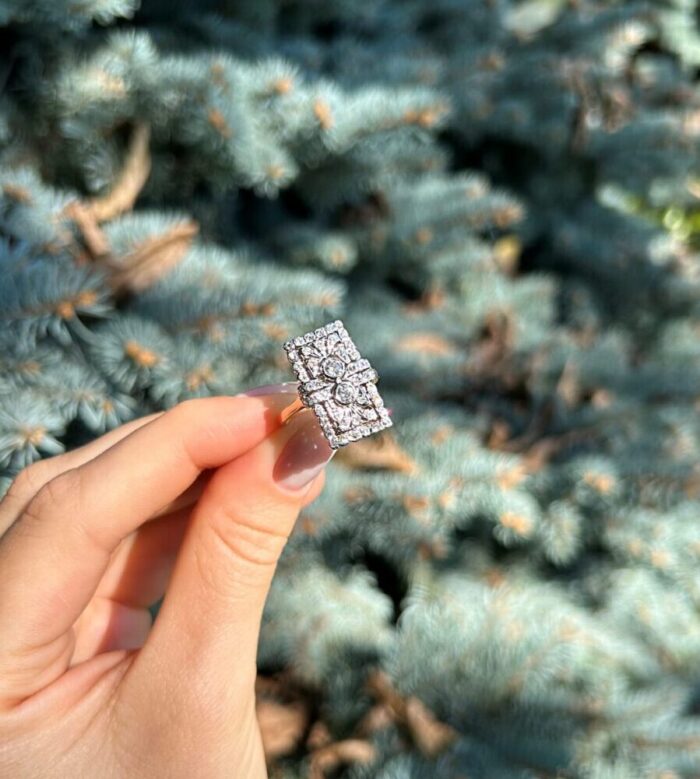 Inel autentic Art Deco din aur de 14k si platina cu diamante naturale