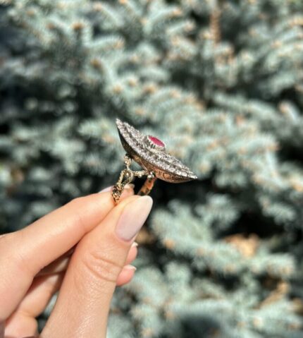 Inel marchiza vintage din aur de 14k cu rubin si diamante naturale
