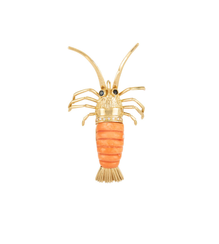 Brosa-pandant vintage din aur de 18k cu safire, coral si diamante naturale