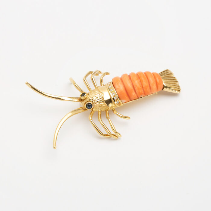 Brosa-pandant vintage din aur de 18k cu safire, coral si diamante naturale