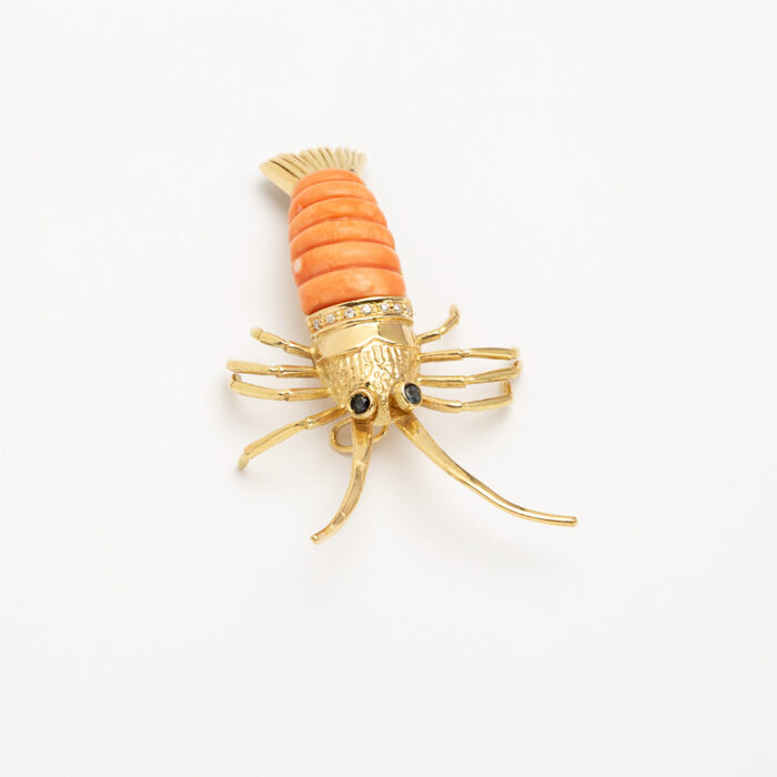 Brosa-pandant vintage din aur de 18k cu safire, coral si diamante naturale