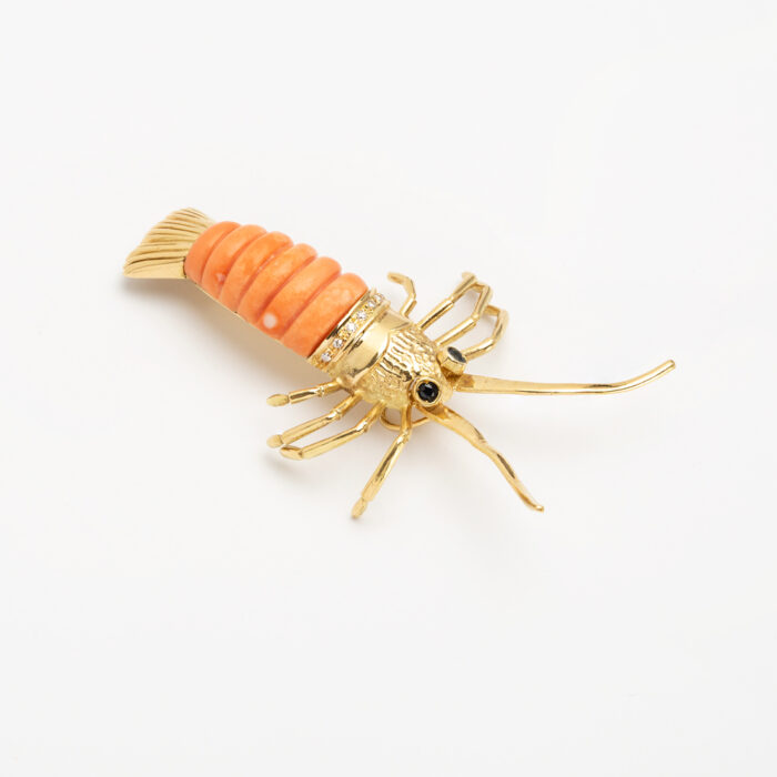 Brosa-pandant vintage din aur de 18k cu safire, coral si diamante naturale