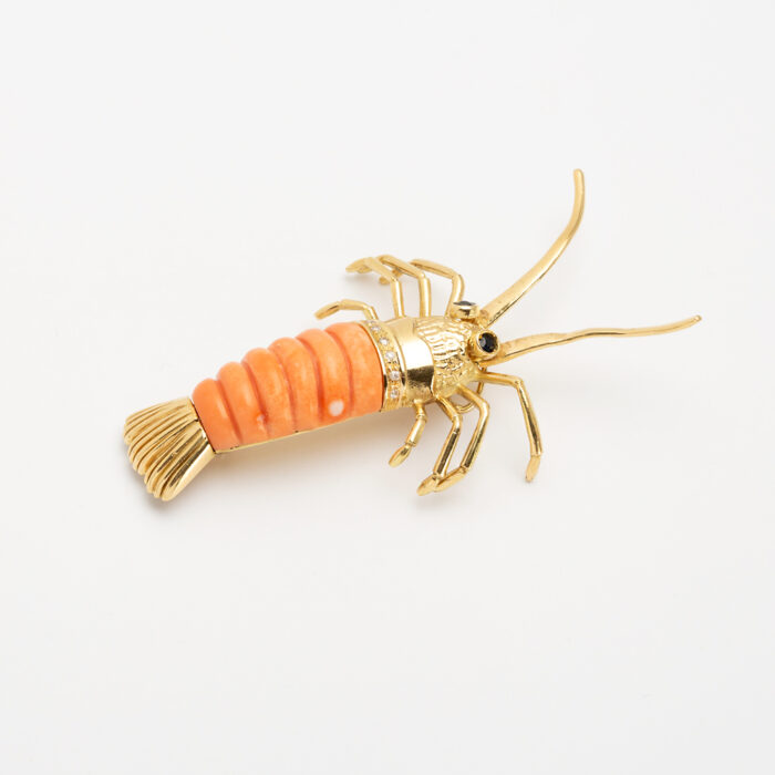Brosa-pandant vintage din aur de 18k cu safire, coral si diamante naturale