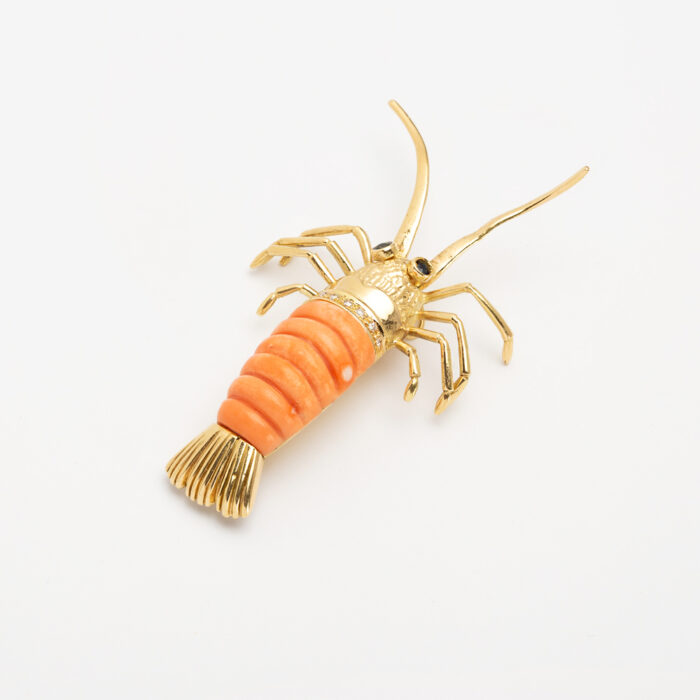 Brosa-pandant vintage din aur de 18k cu safire, coral si diamante naturale