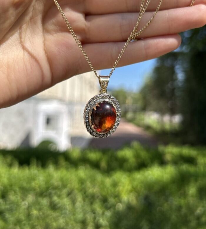 Colier vintage din aur de 18k cu chihlimbar si diamante naturale