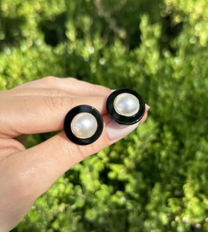 Cercei vintage din aur de 14k cu onix si perle naturale