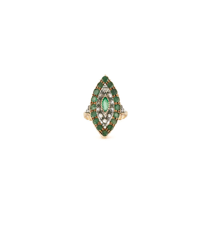 Inel vintage marchiza din aur de 18k cu smaralde si diamante naturale