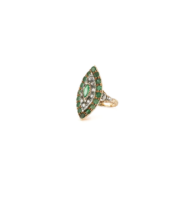 Inel vintage marchiza din aur de 18k cu smaralde si diamante naturale