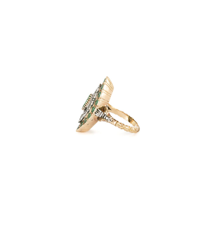 Inel vintage marchiza din aur de 18k cu smaralde si diamante naturale