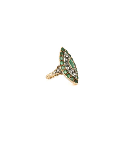 Inel vintage marchiza din aur de 18k cu smaralde si diamante naturale