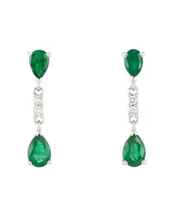 Cercei lungi din aur alb de 14k cu smaralde si diamante naturale