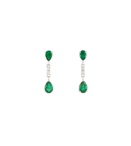 Cercei lungi din aur alb de 14k cu smaralde si diamante naturale