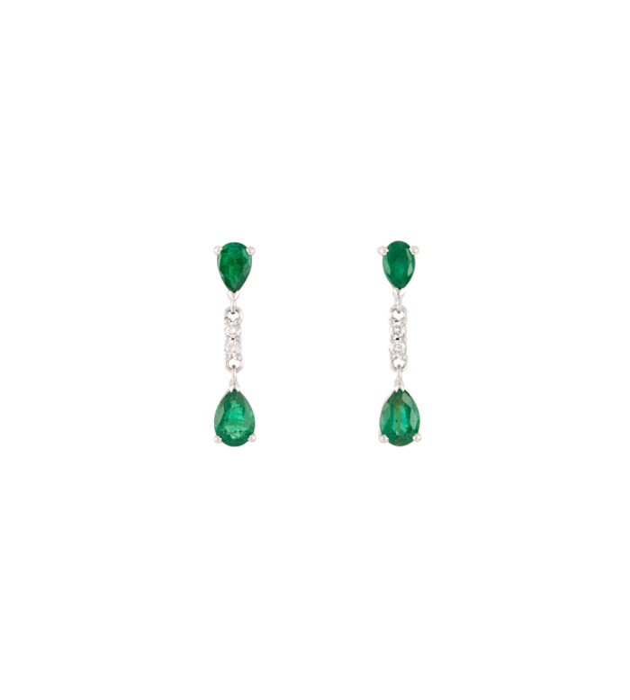 Cercei lungi din aur alb de 14k cu smaralde si diamante naturale