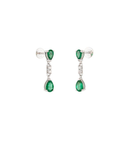 Cercei lungi din aur alb de 14k cu smaralde si diamante naturale