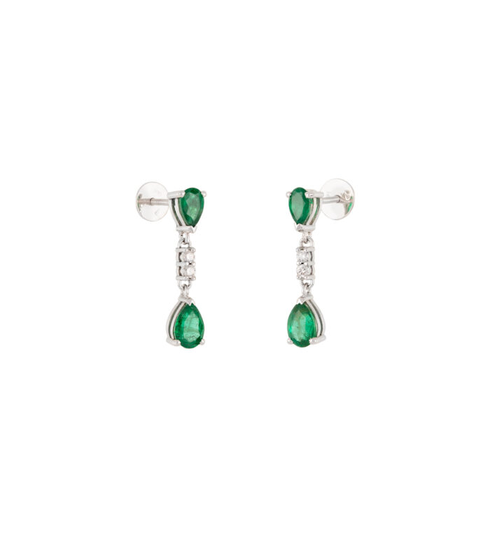Cercei lungi din aur alb de 14k cu smaralde si diamante naturale