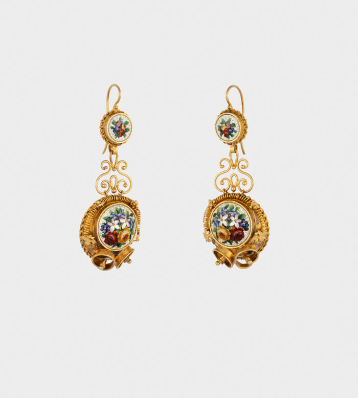 Cercei vintage 2 in 1 anii 1800 din aur de 18k cu micromozaic venetian