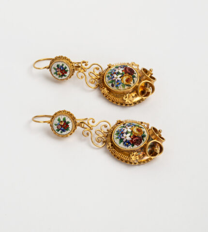Cercei vintage 2 in 1 anii 1800 din aur de 18k cu micromozaic venetian