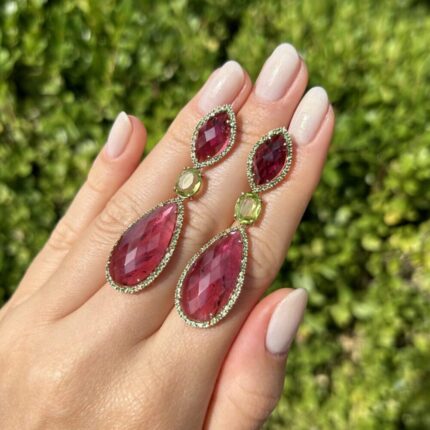 Cercei lungi aur roz de 18k cu turmalina naturala si peridot natural