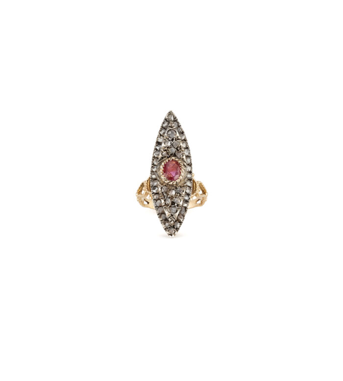 Inel marchiza vintage din aur de 14k cu rubin si diamante naturale