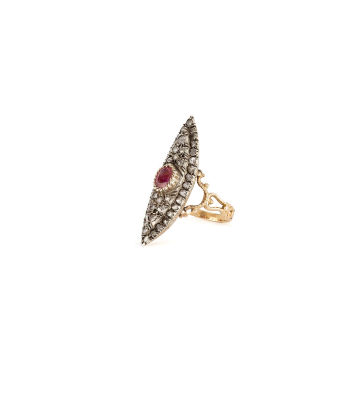Inel marchiza vintage din aur de 14k cu rubin si diamante naturale