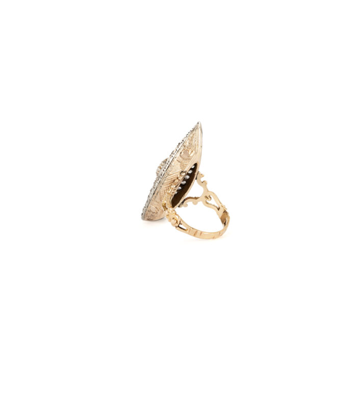 Inel marchiza vintage din aur de 14k cu rubin si diamante naturale