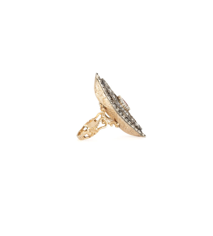 Inel marchiza vintage din aur de 14k cu rubin si diamante naturale
