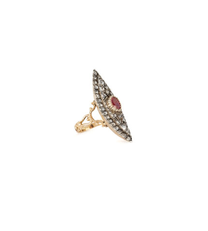 Inel marchiza vintage din aur de 14k cu rubin si diamante naturale