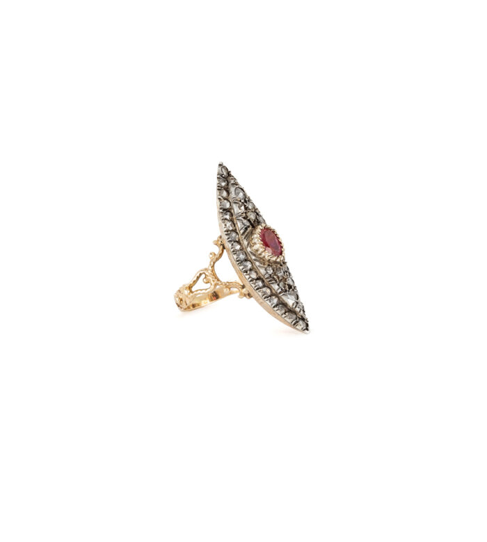 Inel marchiza vintage din aur de 14k cu rubin si diamante naturale