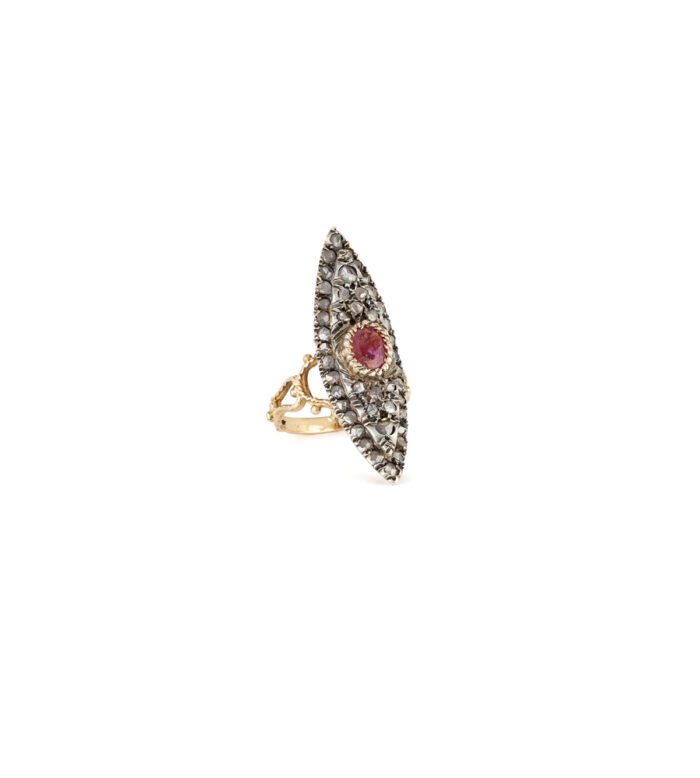Inel marchiza vintage din aur de 14k cu rubin si diamante naturale