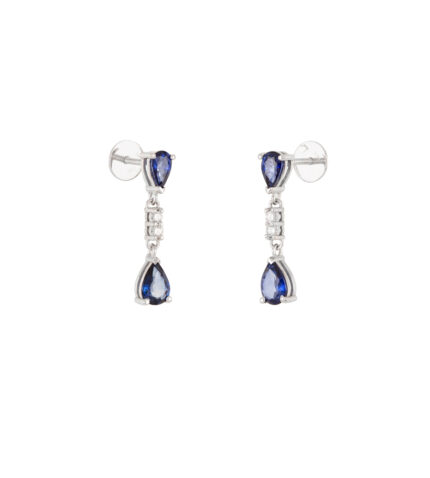 Cercei lungi din aur alb de 14k cu safire si diamante naturale