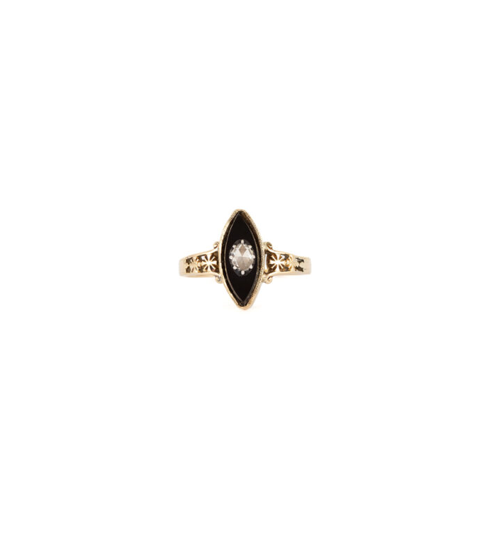 Inel marchiza din aur de 14k cu onix si diamant natural
