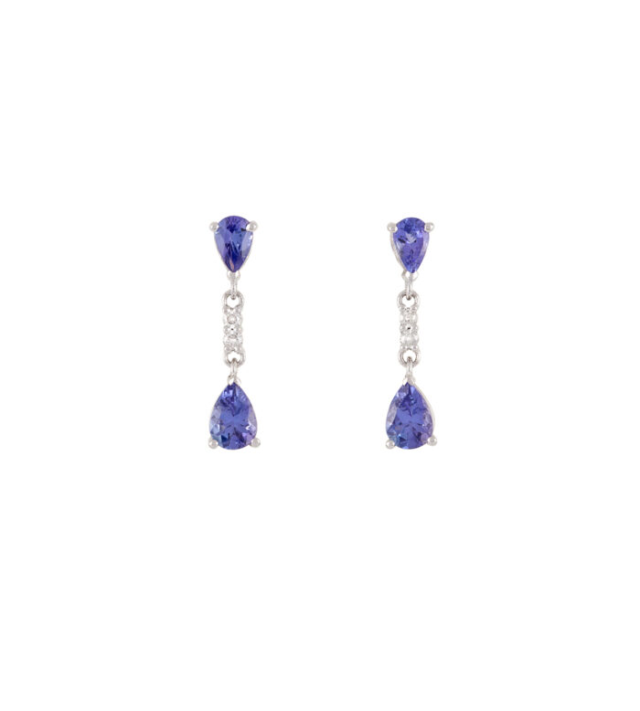 Cercei lungi din aur alb de 14k cu tanzanite si diamante naturale