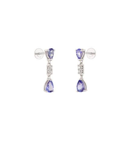 Cercei lungi din aur alb de 14k cu tanzanite si diamante naturale