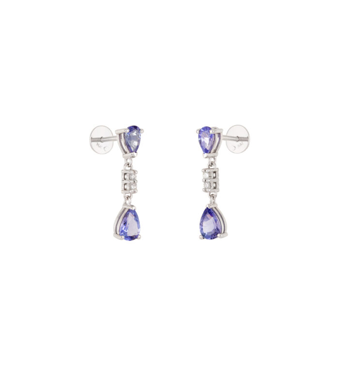 Cercei lungi din aur alb de 14k cu tanzanite si diamante naturale