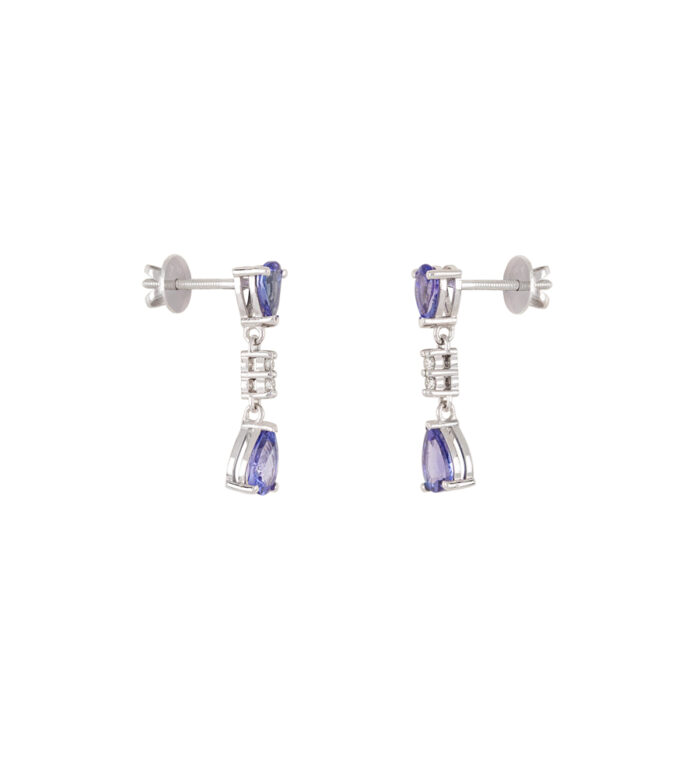 Cercei lungi din aur alb de 14k cu tanzanite si diamante naturale