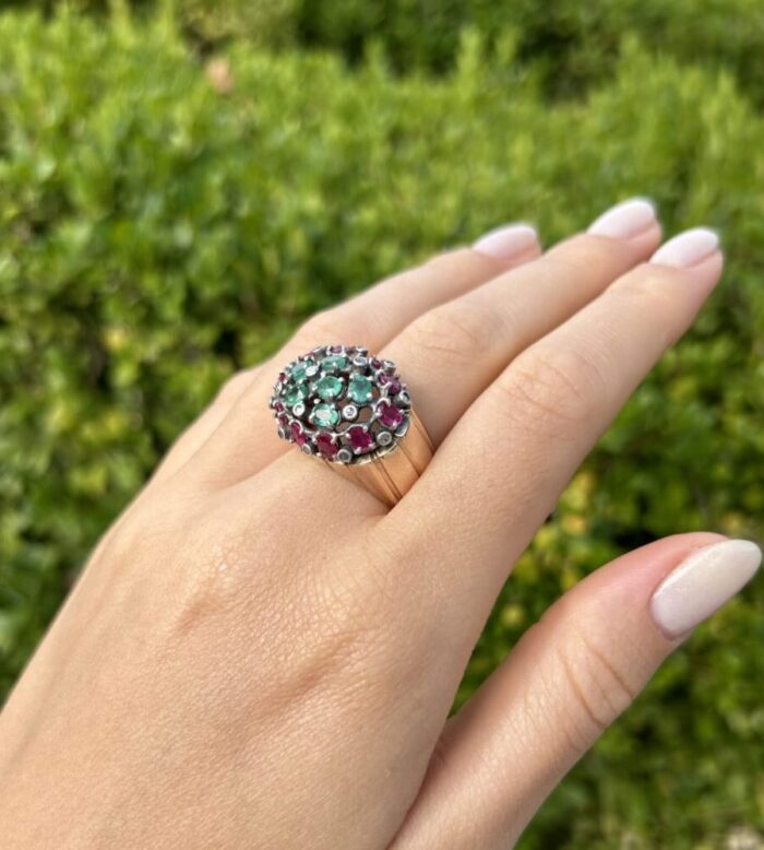 Inel vintage din aur de 14k si argint cu smaralde, rubine si diamante naturale