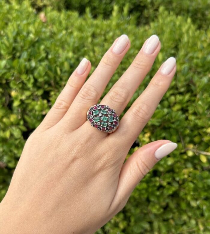 Inel vintage din aur de 14k si argint cu smaralde, rubine si diamante naturale