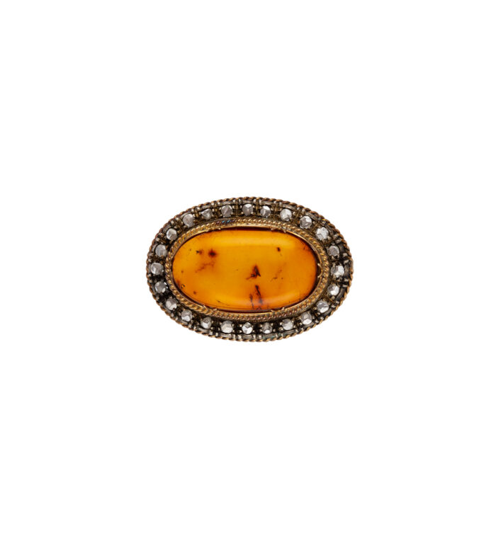 Brosa vintage din aur de 18k si argint cu chihlimbar si diamante naturale