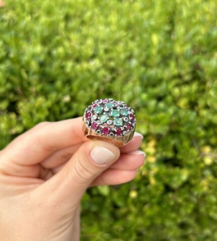 Inel vintage din aur de 14k si argint cu smaralde, rubine si diamante naturale