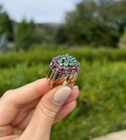 Inel vintage din aur de 14k si argint cu smaralde, rubine si diamante naturale