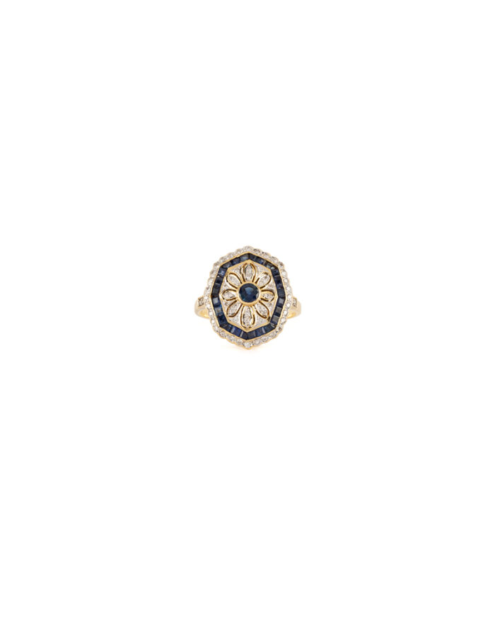 Inel Art Deco din aur de 18k cu safire si diamante naturale