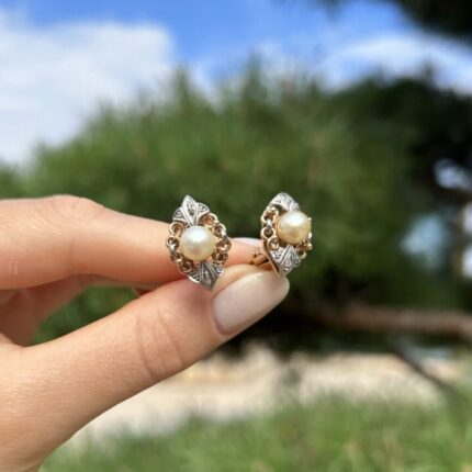Cercei clips vintage din aur de 18k cu perlute si diamante naturale