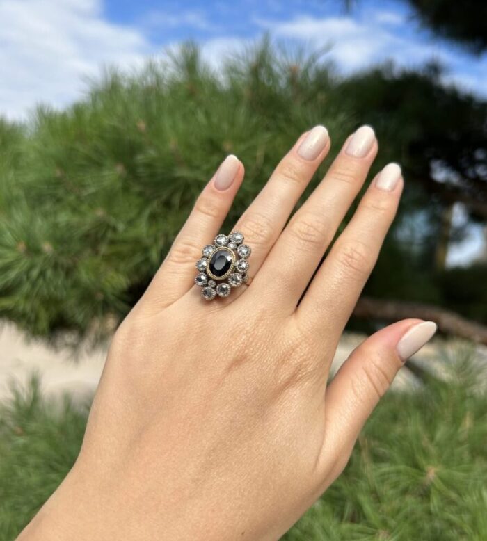Inel vintage din aur de 12k si argint cu safir si diamante naturale