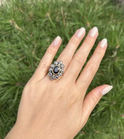 Inel vintage din aur de 12k si argint cu safir si diamante naturale
