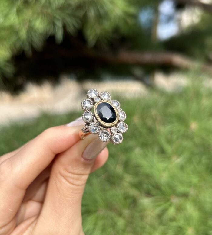 Inel vintage din aur de 12k si argint cu safir si diamante naturale