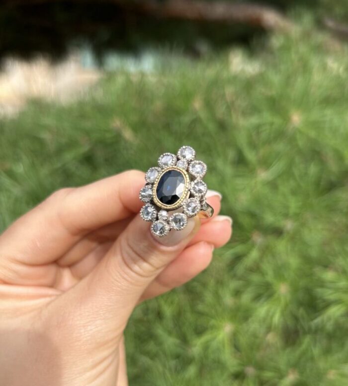 Inel vintage din aur de 12k si argint cu safir si diamante naturale