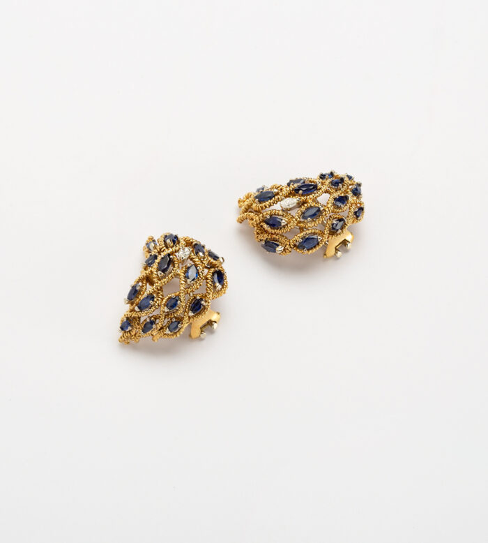 Cercei clips din aur de 18k cu safire si diamante naturale