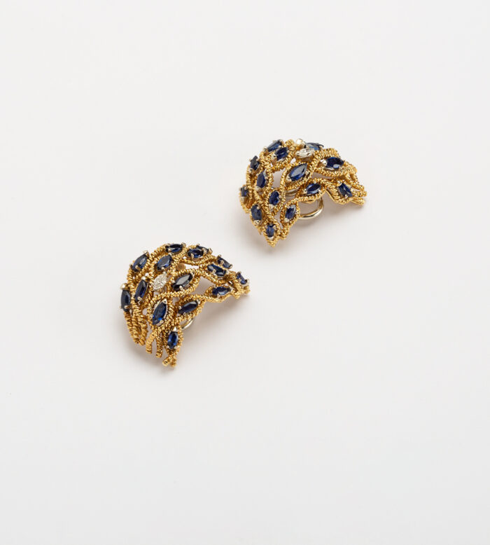 Cercei clips din aur de 18k cu safire si diamante naturale