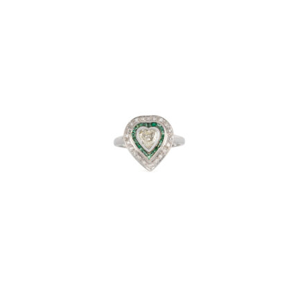 Inel vintage din aur alb de 18k cu smaralde si diamante naturale